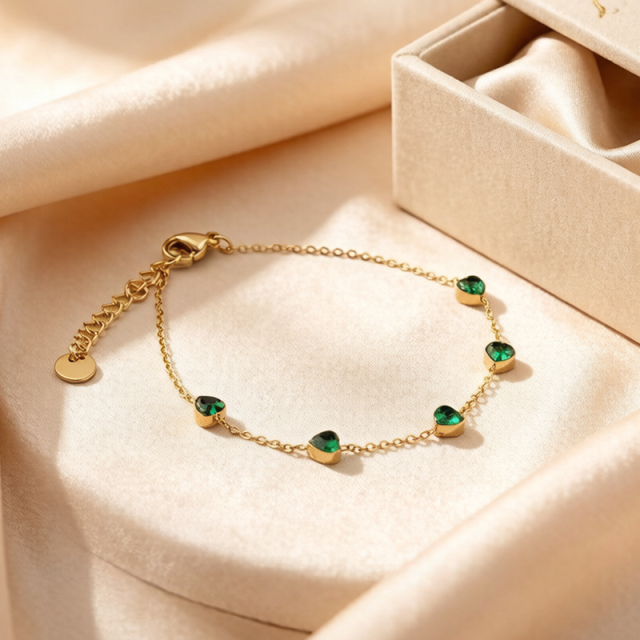 18K Gold PVD Plated Stainless Steel Green Heart CZ Adjustable Bracelet