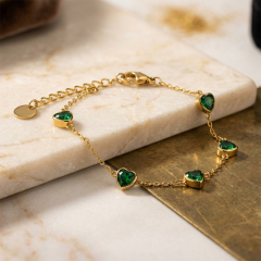 18K Gold PVD Plated Stainless Steel Green Heart CZ Adjustable Bracelet
