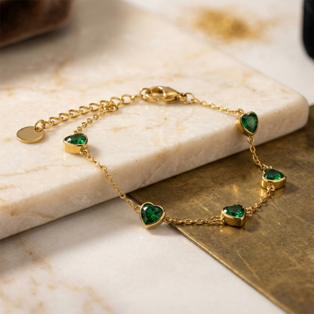 18K Gold PVD Plated Stainless Steel Green Heart CZ Adjustable Bracelet