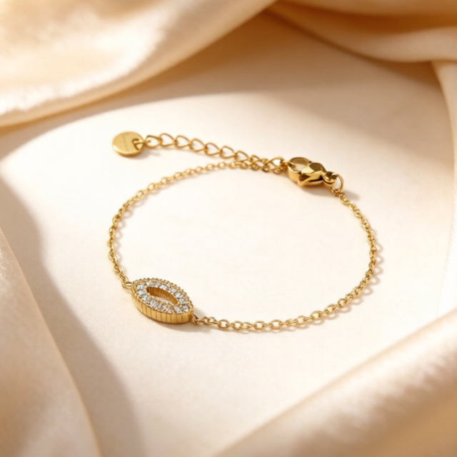 18K Gold PVD Plated Stainless Steel CZ Evil Eye Adjustable Bracelet