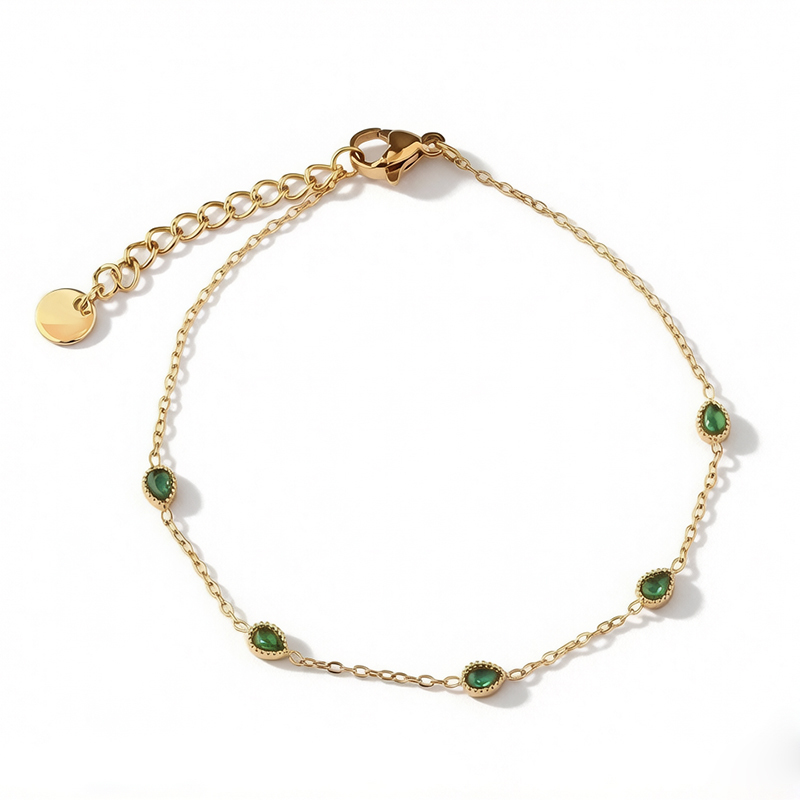 18K Gold PVD Plated Stainless Steel Teardrop Green CZ Adjustable Bracelet