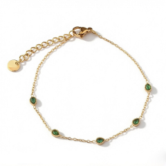 18K Gold PVD Plated Stainless Steel Teardrop Green CZ Adjustable Bracelet