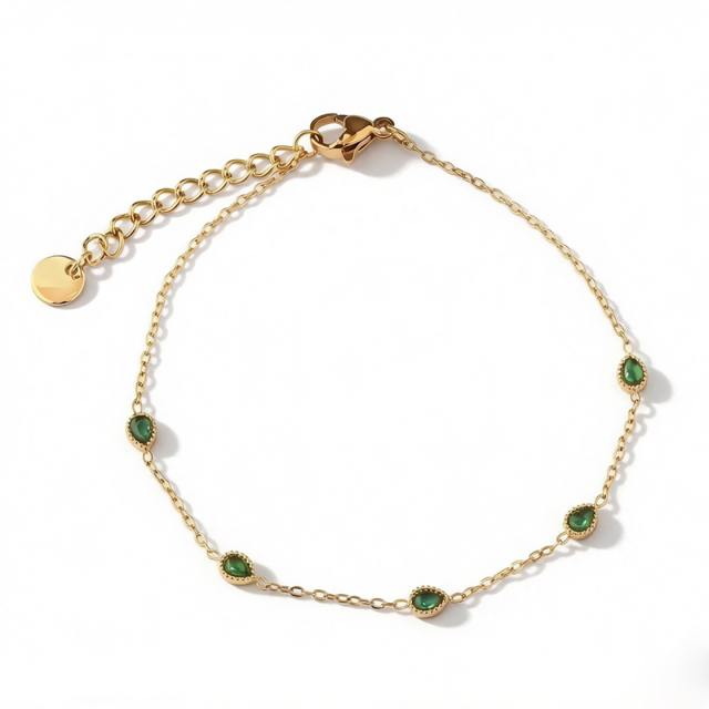 18K Gold PVD Plated Stainless Steel Teardrop Green CZ Adjustable Bracelet