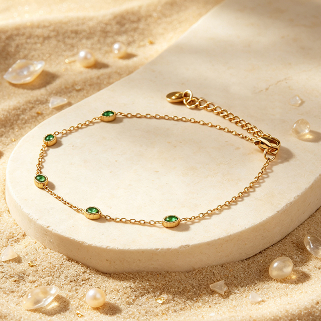 18K Gold PVD Plated Stainless Steel Teardrop Green CZ Adjustable Bracelet
