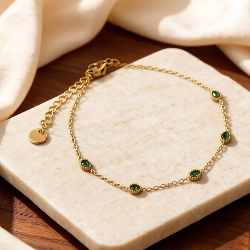 18K Gold PVD Plated Stainless Steel Teardrop Green CZ Adjustable Bracelet
