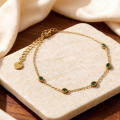 18K Gold PVD Plated Stainless Steel Teardrop Green CZ Adjustable Bracelet