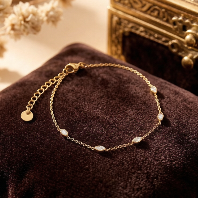 18K Gold PVD Plated Stainless Steel Marquise CZ Adjustable Bracelet