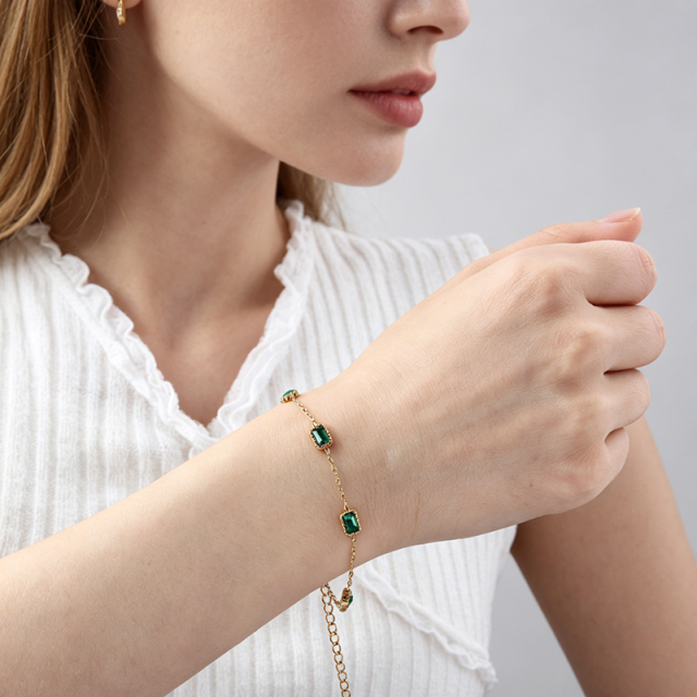 18K Gold PVD Plated Stainless Steel Rectangle Green CZ Adjustable Bracelet