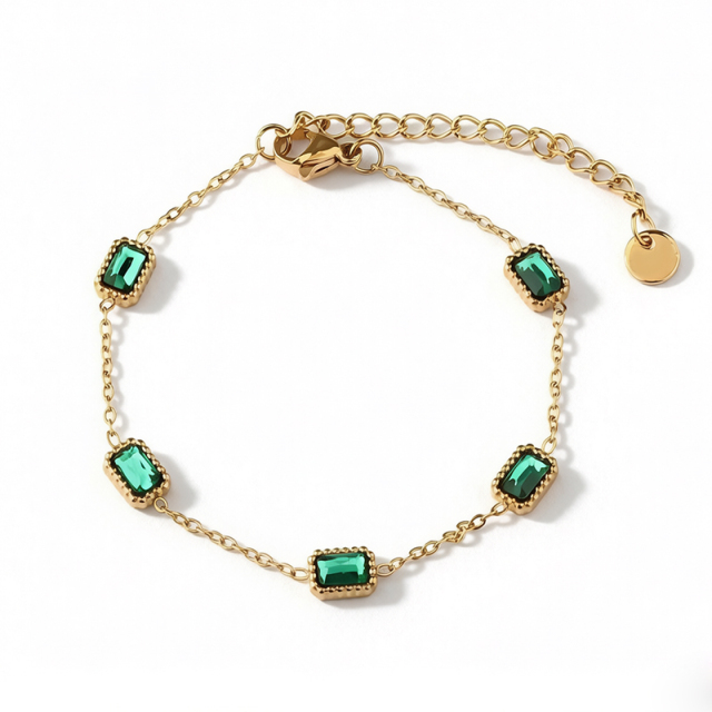 18K Gold PVD Plated Stainless Steel Rectangle Green CZ Adjustable Bracelet