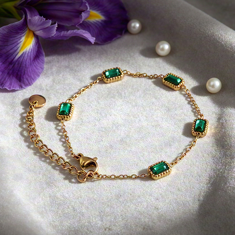 18K Gold PVD Plated Stainless Steel Rectangle Green CZ Adjustable Bracelet