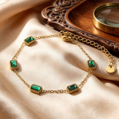 18K Gold PVD Plated Stainless Steel Rectangle Green CZ Adjustable Bracelet