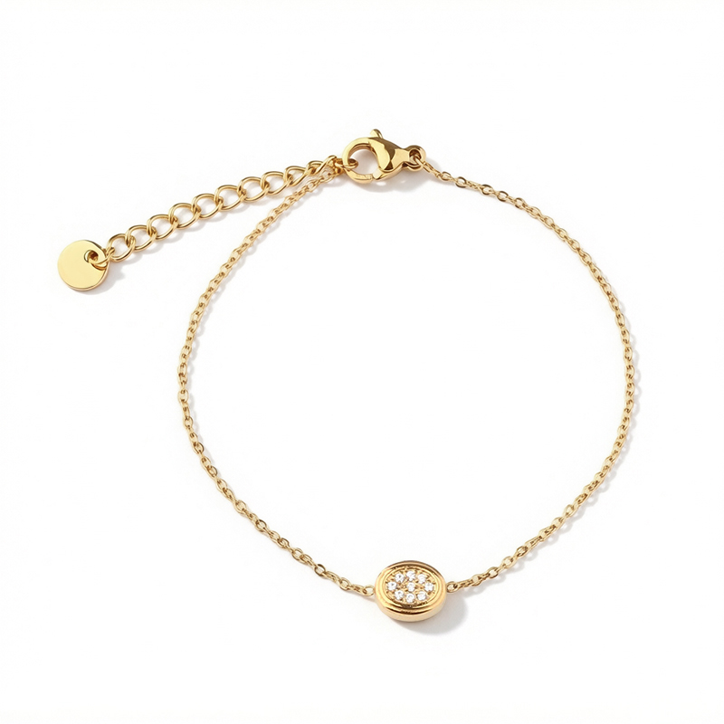 18K Gold PVD Plated Stainless Steel CZ Oval Disc Adjustable Bracelet