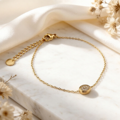 18K Gold PVD Plated Stainless Steel CZ Oval Disc Adjustable Bracelet
