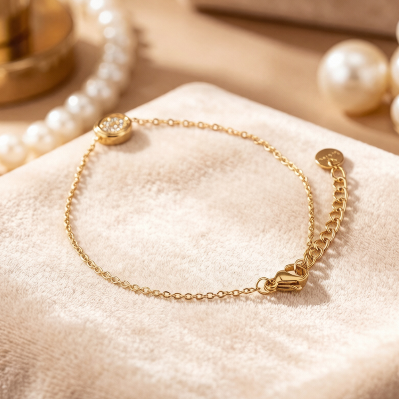 18K Gold PVD Plated Stainless Steel CZ Oval Disc Adjustable Bracelet