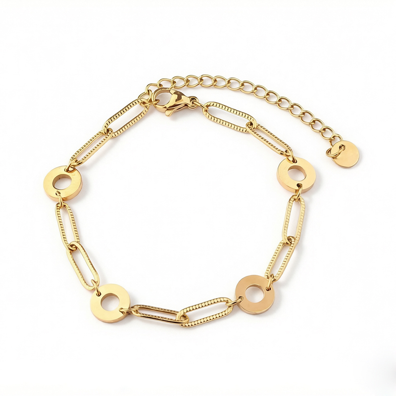 18K Gold PVD Plated Stainless Steel Mixed Hollow Circle Paperclip Bracelet