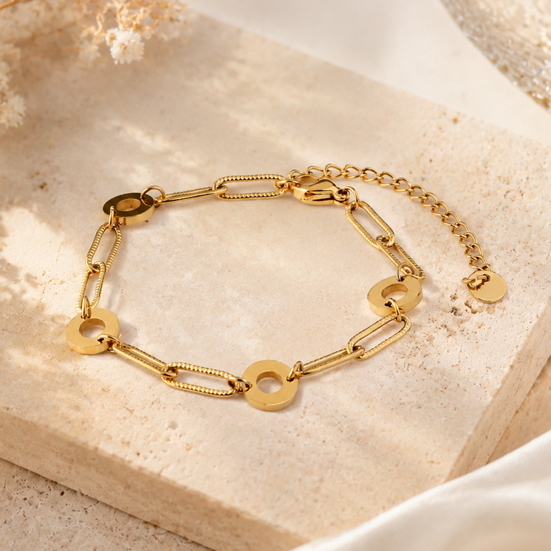 18K Gold PVD Plated Stainless Steel Mixed Hollow Circle Paperclip Bracelet