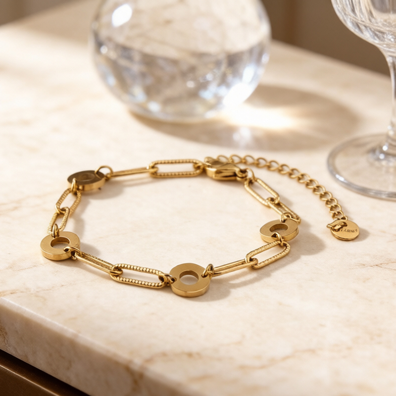 18K Gold PVD Plated Stainless Steel Mixed Hollow Circle Paperclip Bracelet