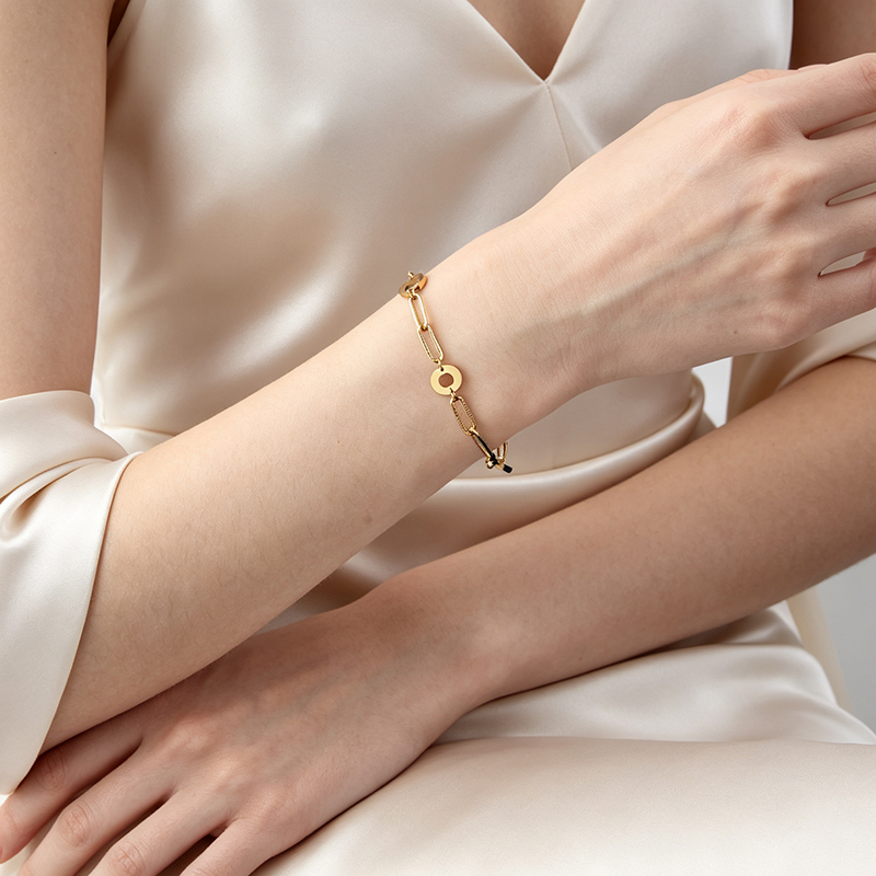 18K Gold PVD Plated Stainless Steel Mixed Hollow Circle Paperclip Bracelet
