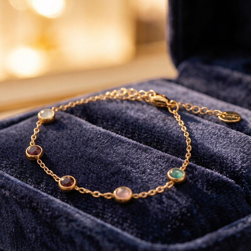 18K Gold PVD Plated Stainless Steel Multi Color Stone Adjustable Bracelet
