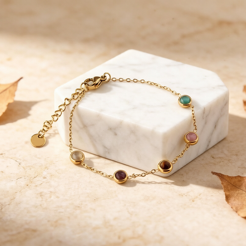 18K Gold PVD Plated Stainless Steel Multi Color Stone Adjustable Bracelet
