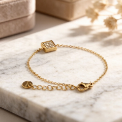 18K Gold PVD Plated Stainless Steel Square CZ Adjustable Bracelet