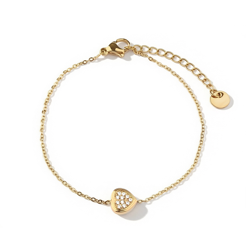 18K Gold PVD Plated Stainless Steel Heart CZ Adjustable Bracelet