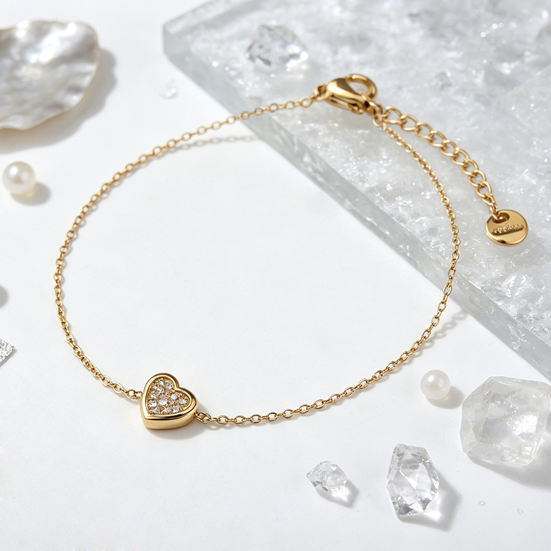 18K Gold PVD Plated Stainless Steel Heart CZ Adjustable Bracelet