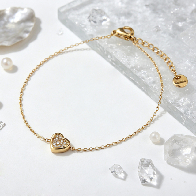 18K Gold PVD Plated Stainless Steel Heart CZ Adjustable Bracelet