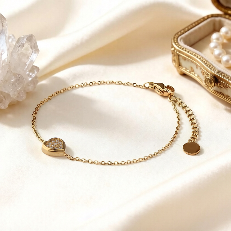18K Gold PVD Plated Stainless Steel Heart CZ Adjustable Bracelet