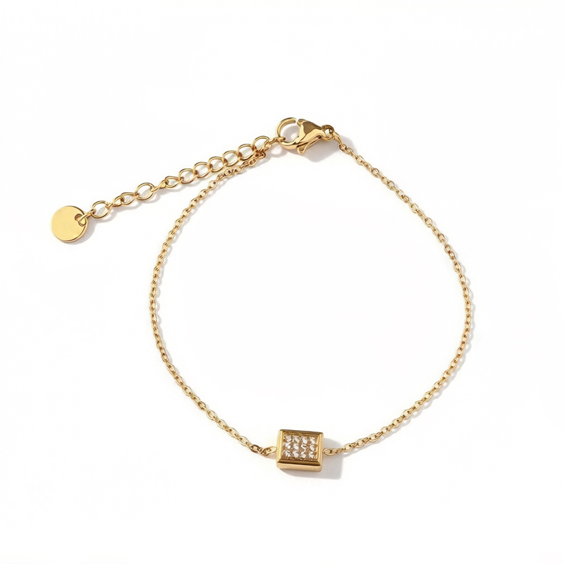 18K Gold PVD Plated Stainless Steel Rectangle CZ Adjustable Bracelet