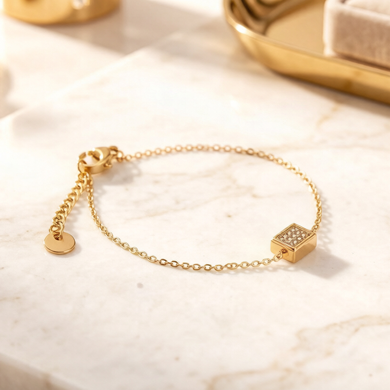 18K Gold PVD Plated Stainless Steel Rectangle CZ Adjustable Bracelet