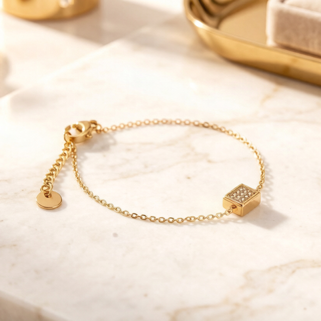 18K Gold PVD Plated Stainless Steel Rectangle CZ Adjustable Bracelet