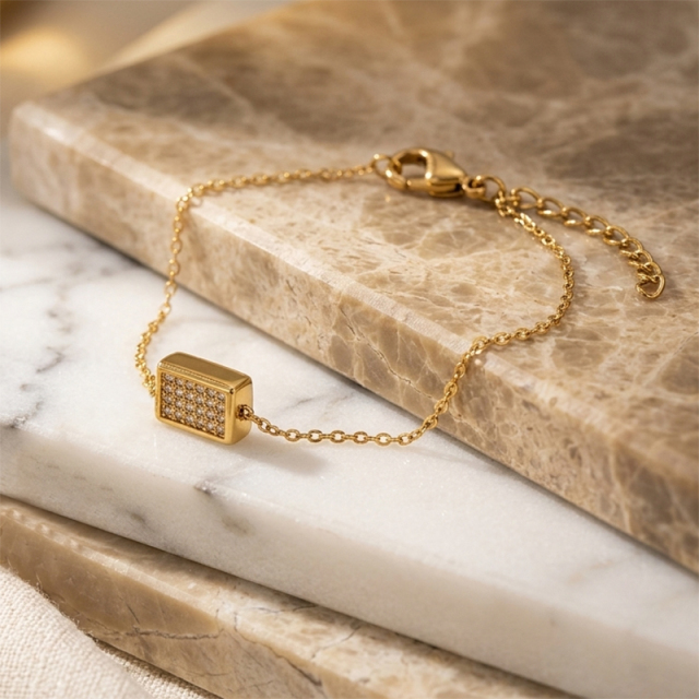 18K Gold PVD Plated Stainless Steel Rectangle CZ Adjustable Bracelet