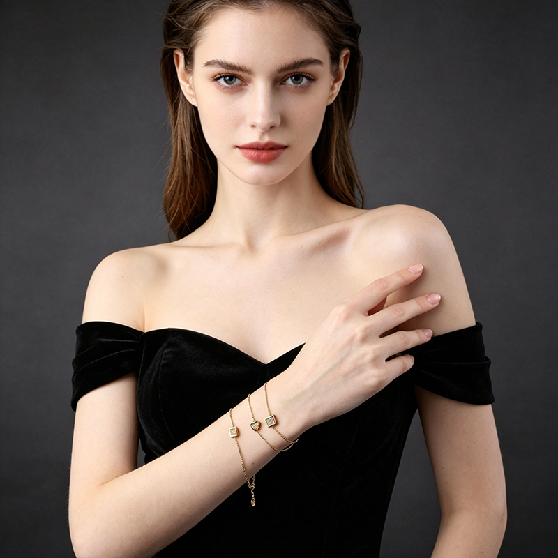 18K Gold PVD Plated Stainless Steel Rectangle CZ Adjustable Bracelet