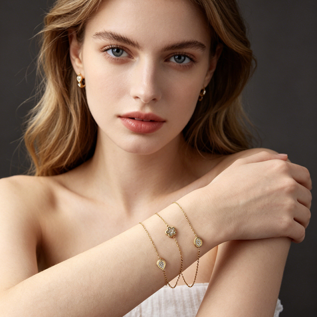 18K Gold PVD Plated Stainless Steel Teardrop CZ Adjustable Bracelet