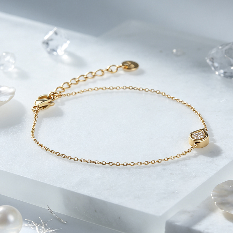18K Gold PVD Plated Stainless Steel Teardrop CZ Adjustable Bracelet