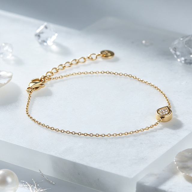 18K Gold PVD Plated Stainless Steel Teardrop CZ Adjustable Bracelet