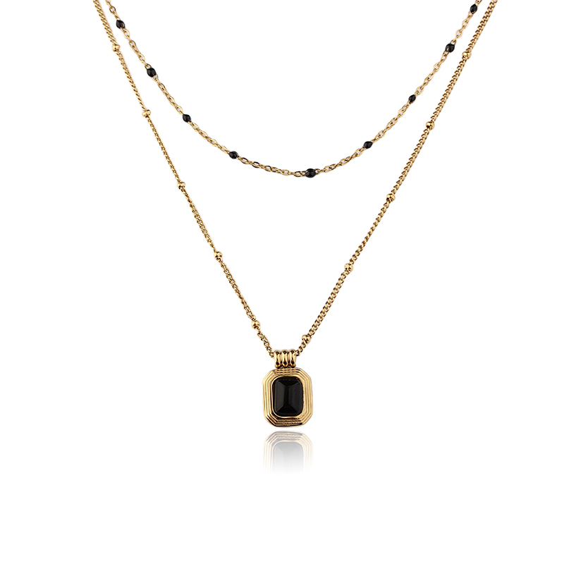 18K Gold PVD Plated Stainless Steel Black Agate Necklace