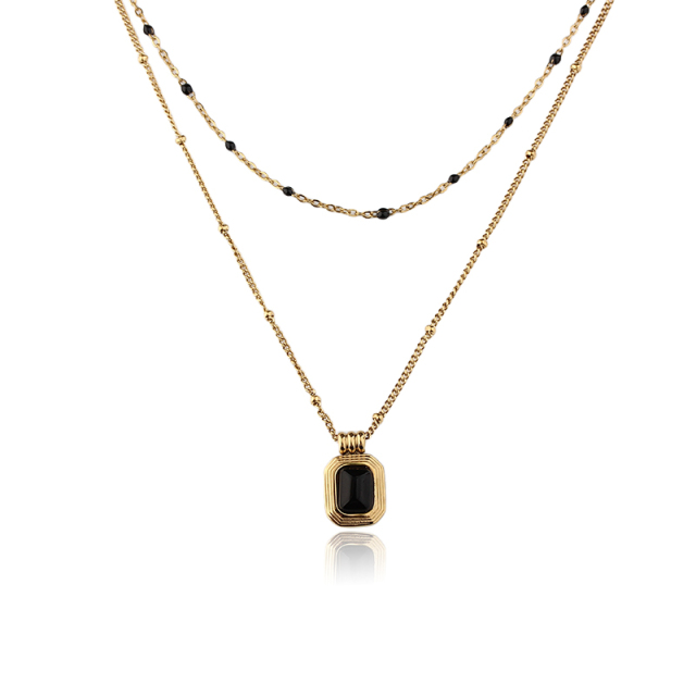 18K Gold PVD Plated Stainless Steel Black Agate Necklace
