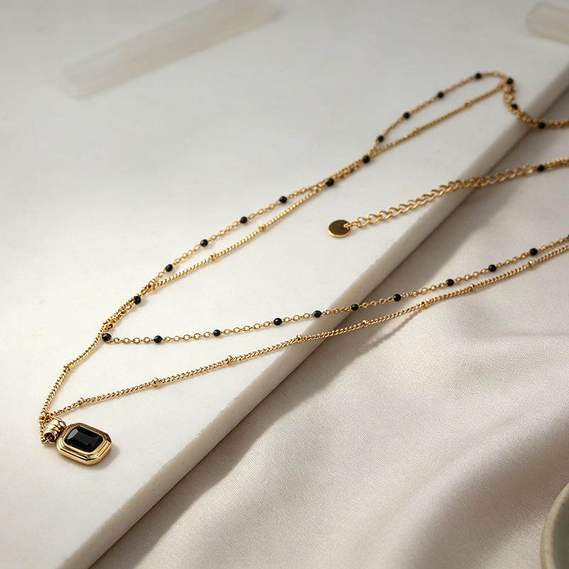 18K Gold PVD Plated Stainless Steel Black Agate Necklace