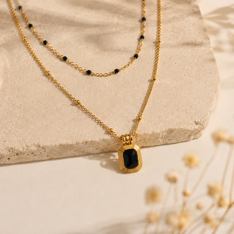 18K Gold PVD Plated Stainless Steel Black Agate Necklace