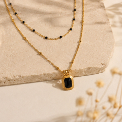 18K Gold PVD Plated Stainless Steel Black Agate Necklace