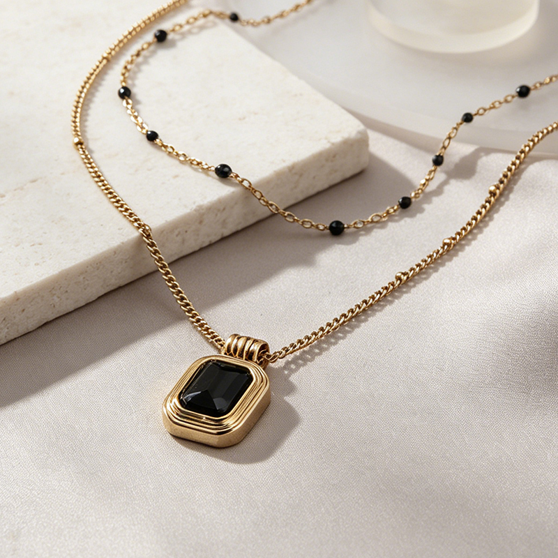 18K Gold PVD Plated Stainless Steel Black Agate Necklace