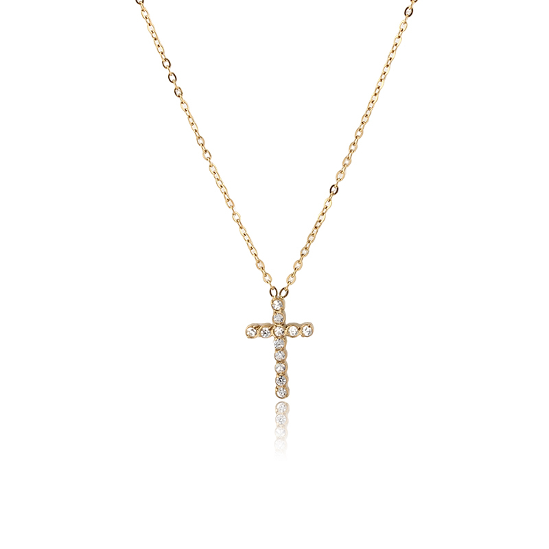 18K Gold PVD Plated Stainless Steel CZ Cross Necklace