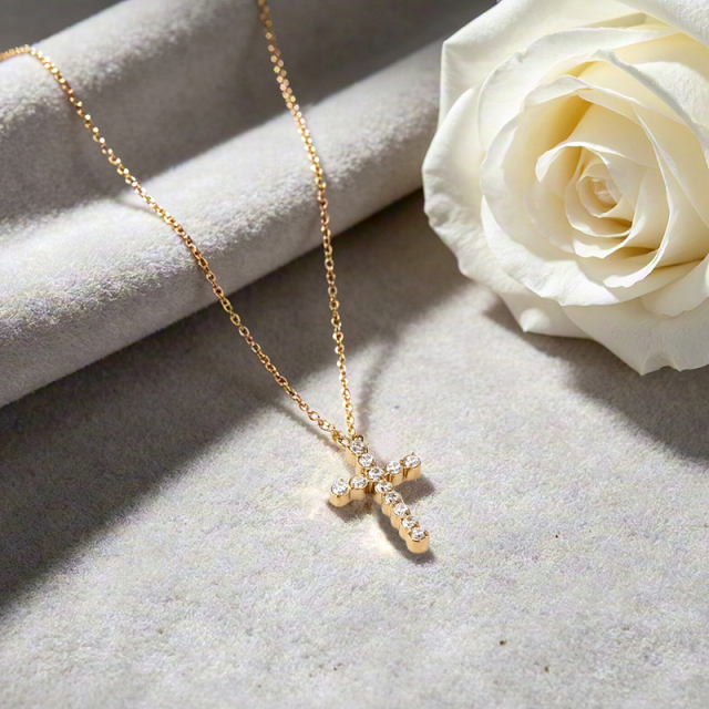 18K Gold PVD Plated Stainless Steel CZ Cross Necklace