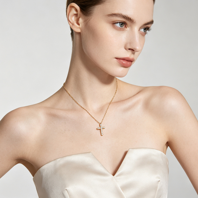 18K Gold PVD Plated Stainless Steel CZ Cross Necklace