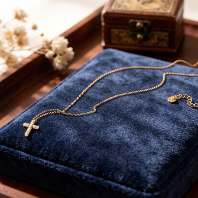 18K Gold PVD Plated Stainless Steel CZ Cross Necklace