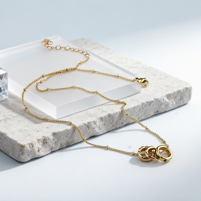 18K Gold PVD Plated Stainless Steel Intertwined Rings Necklace