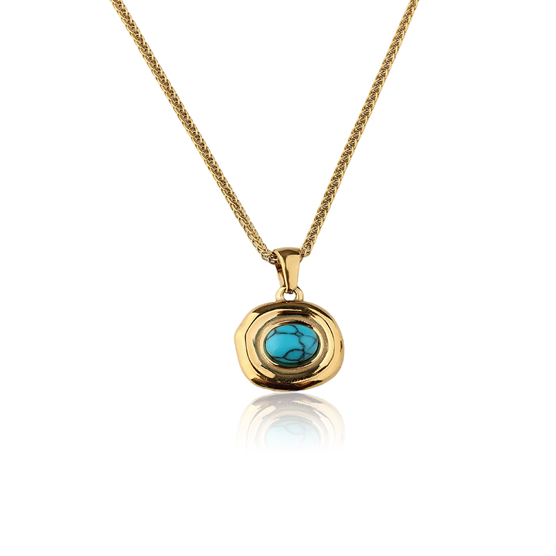18K Gold PVD Plated Stainless Steel Natural Turquoise Oval Necklace