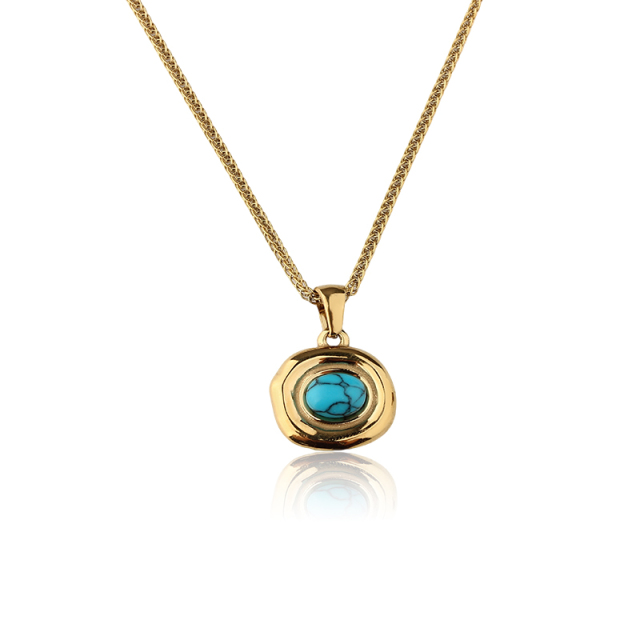 18K Gold PVD Plated Stainless Steel Natural Turquoise Oval Necklace